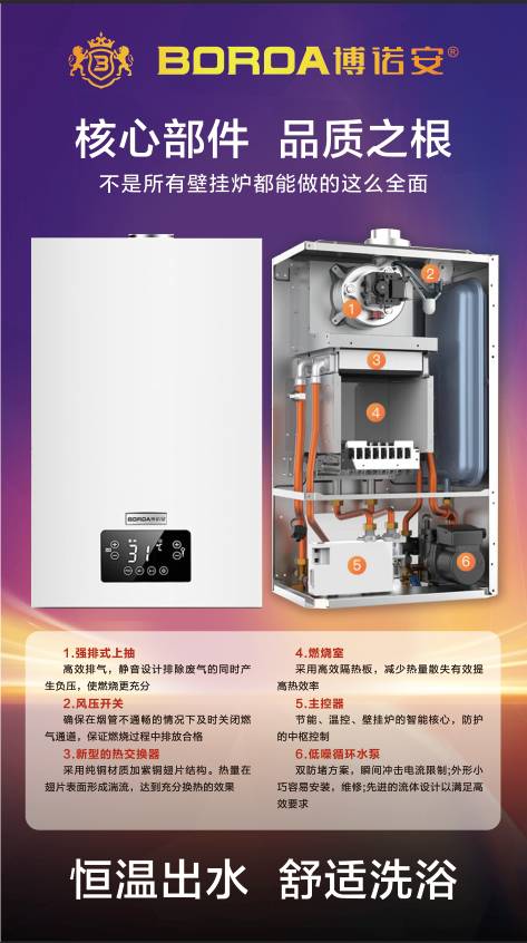 自适应全预混壁挂炉，360度然烧，节气20%，恒温洗浴，远程操控，环保，节能，安全。